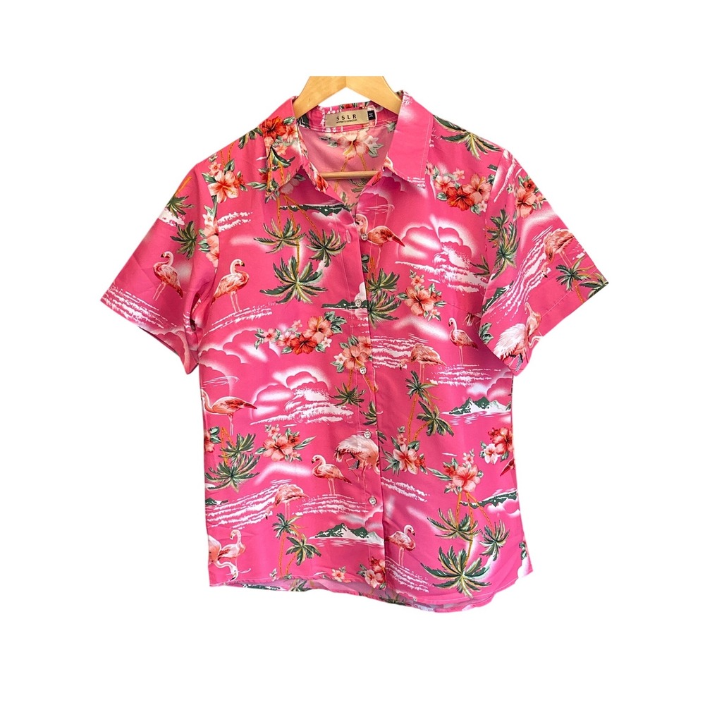 Modern SSLR Button Up Shirt Tropical Flamingo Barbiecore Hawaiian Pink M